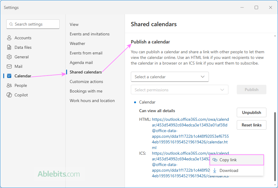 Publish Outlook calendar online and copy its ICS link.