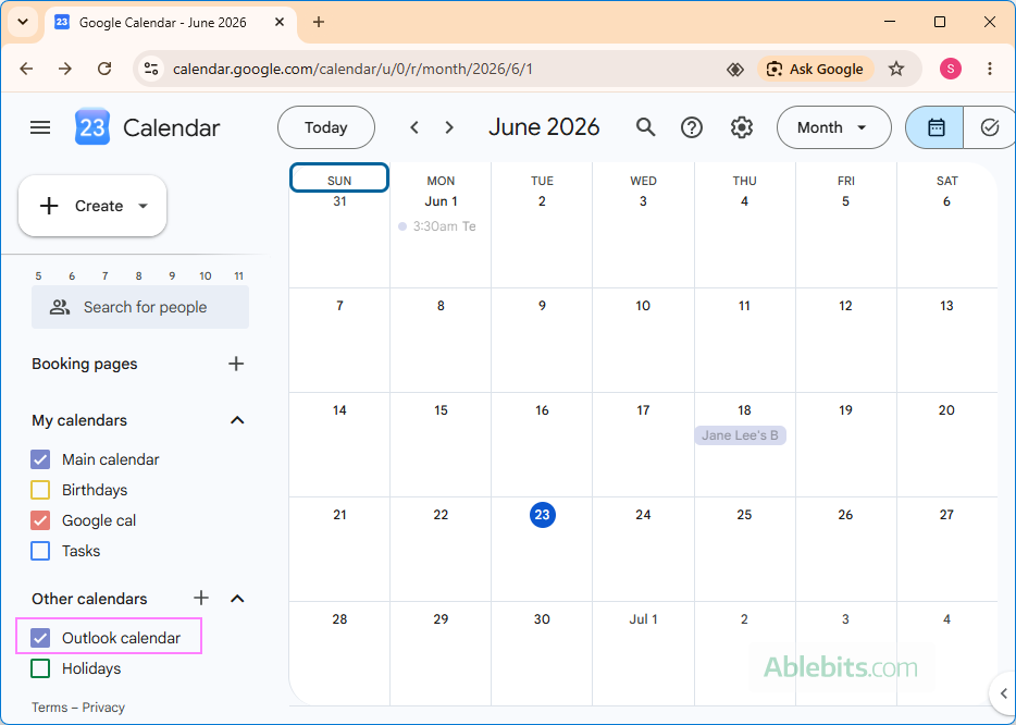 An Outlook calendar is added to Google Calendar as an ICS subscription.