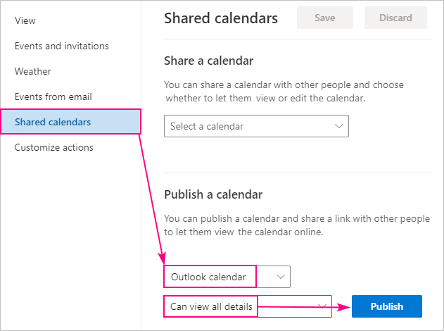 Publishing a calendar in Outlook.com