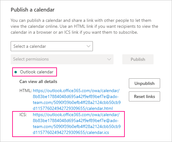 The ICS link to the published calendar