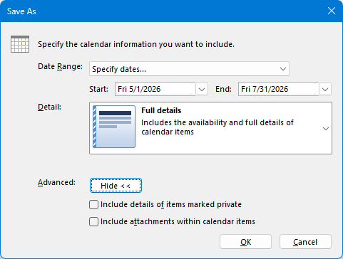 Choose the date range and detail level for export.