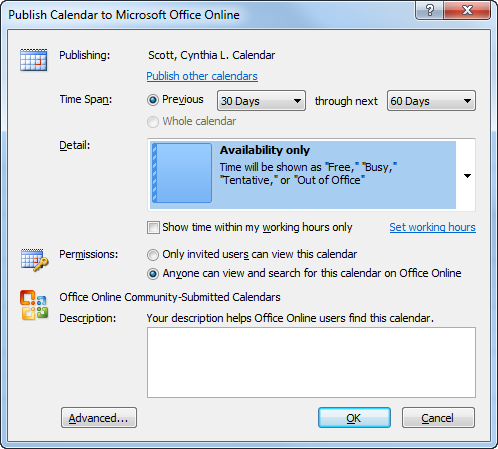 Publish your Outlook Calendar to Office Online