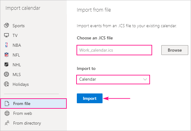 Importing an iCalendar file into Outlook on the web