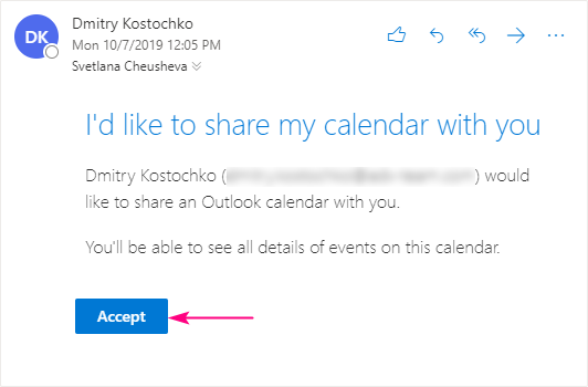 Opening a shared calendar from an invitation