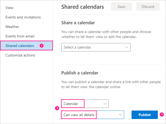 Publishing calendar in Outlook on the web