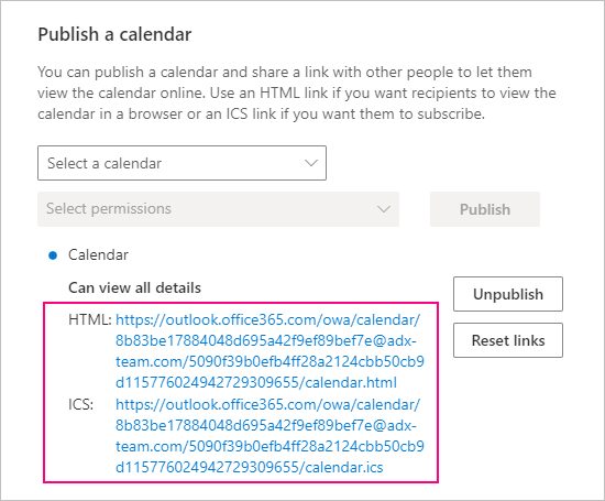 HTML and ICS links to the published calendar