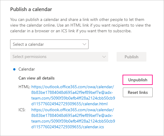 Unpublishing an Outlook calendar