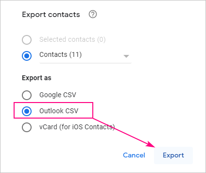 Export Google contacts as Outlook CSV.