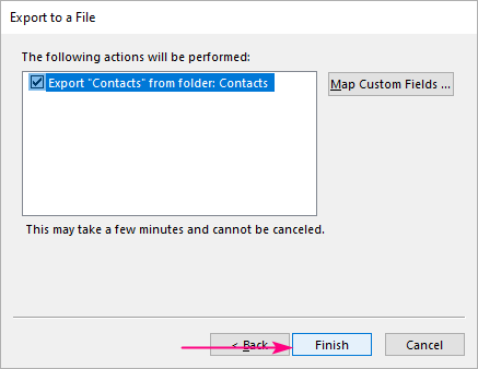 Finish exporting your Outlook contacts