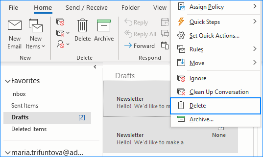 Select and remove several Outlook drafts.