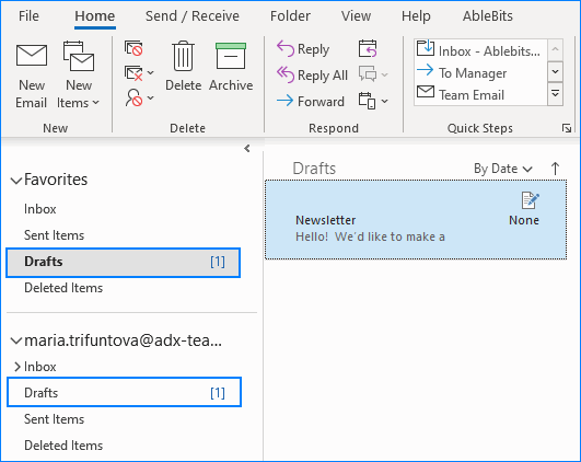 A folder with drafts on the Outlook Navigation pane.
