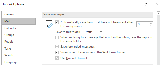 Set up options to automatically save Outlook drafts.