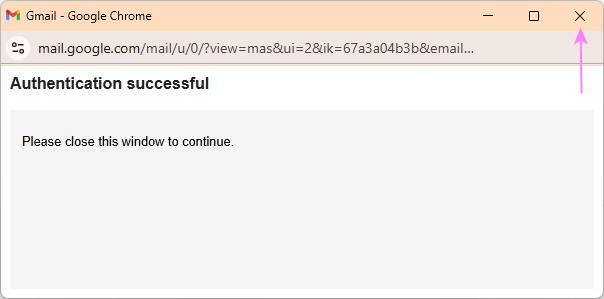 Close the authentication successful message to continue.