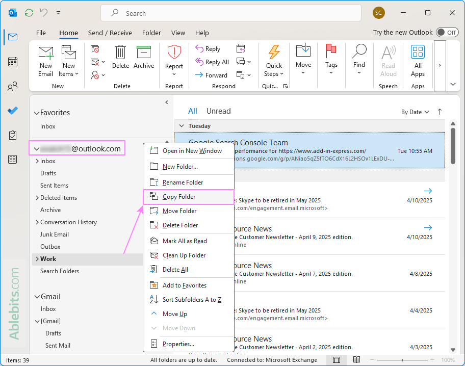 Copy an Outlook mail folder.