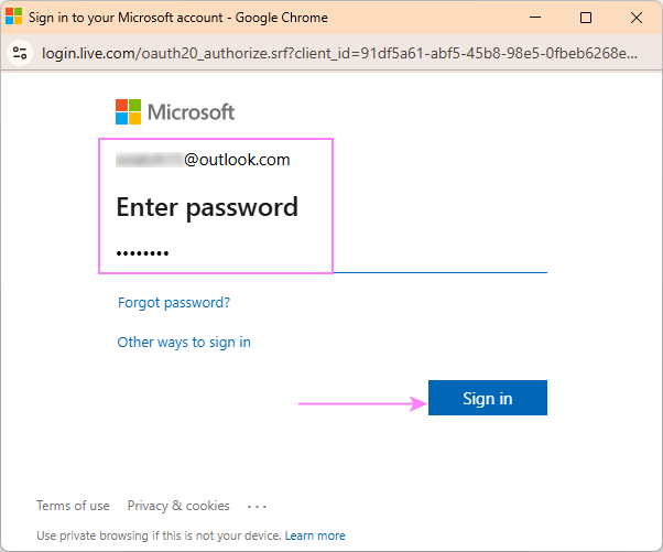 Enter your Outlook login credentials.