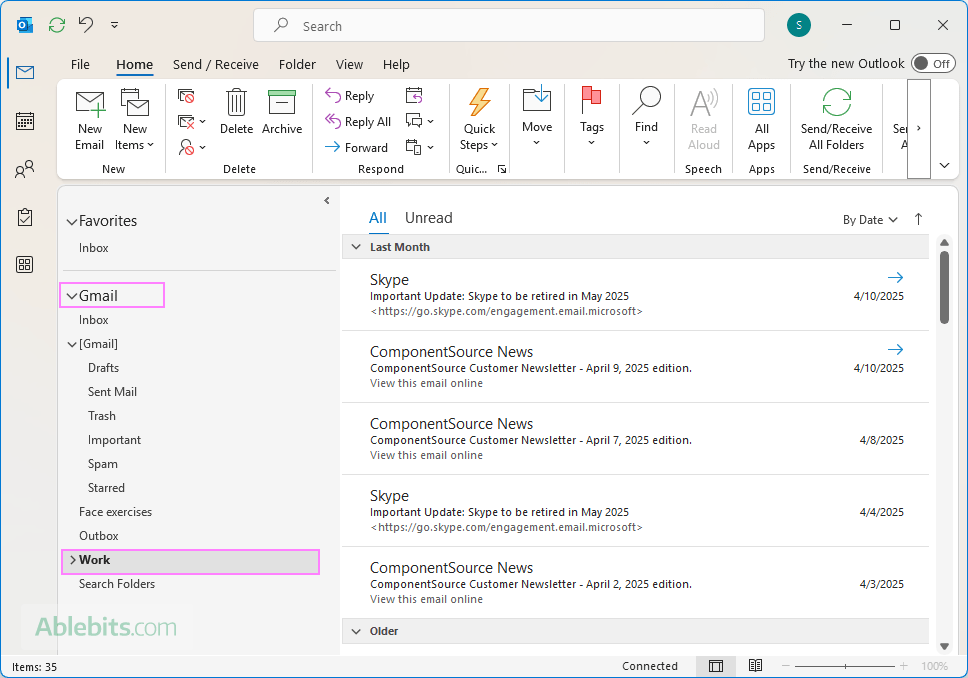 The imported Outlook folders appear alongside the Gmail folders.