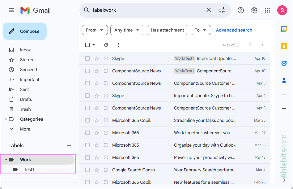 In Gmail online, the imported Outlook emails are listed under Labels.
