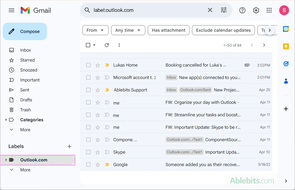 Imported emails appear in Gmail under a label named after your Outlook mailbox.