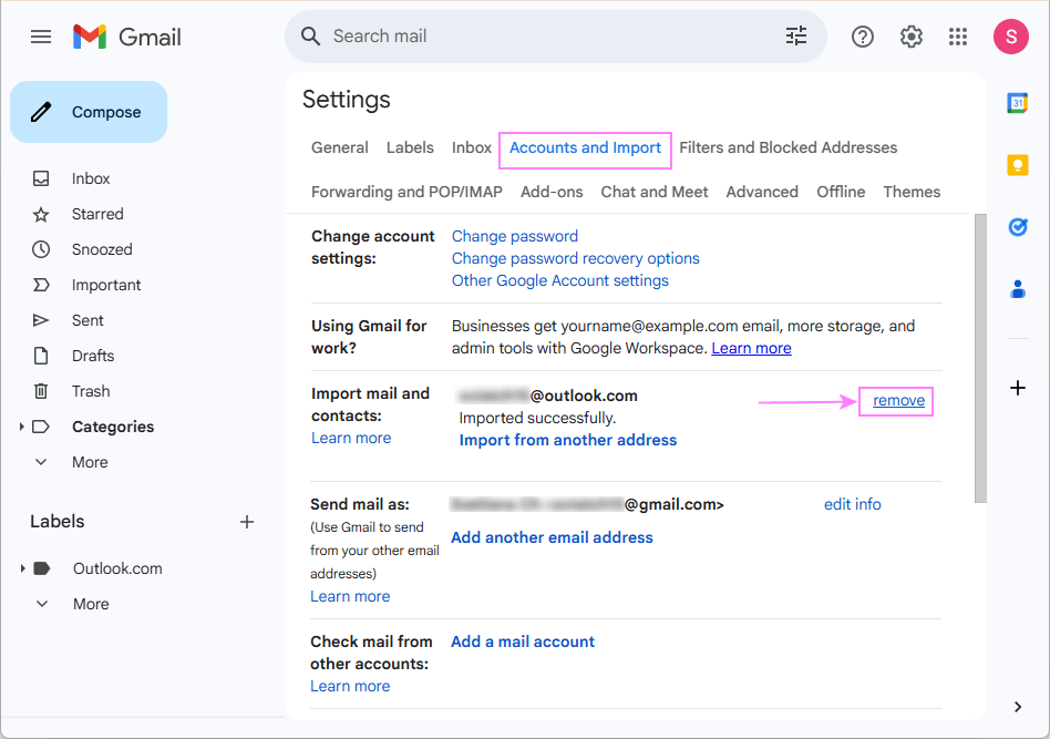 Unlink the Outlook account from Gmail. Unlink the Outlook account from Gmail.