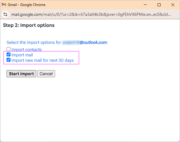 Choose what you want to import – mail, contacts, or both.