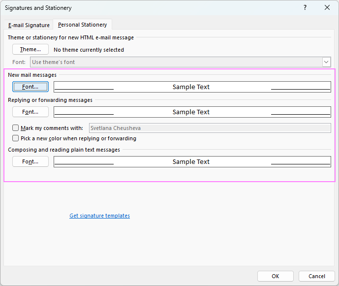 Change the default font in Outlook.