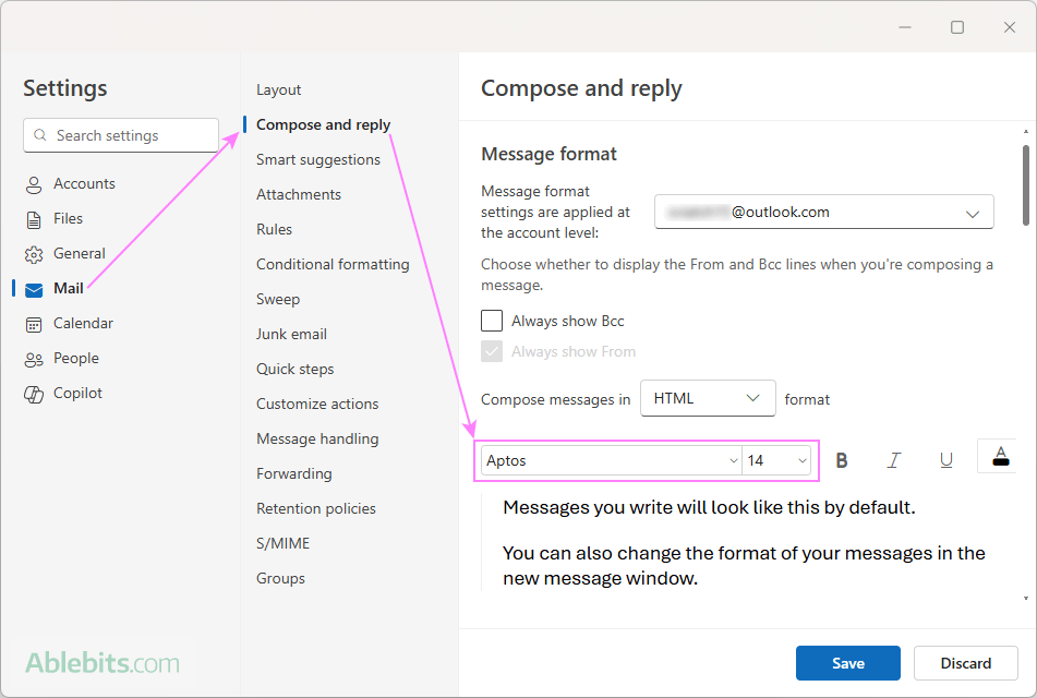 Change the default font and font size in the new Outlook.
