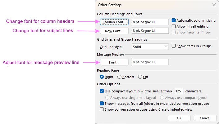 Adjust font and font size in Outlook message list.