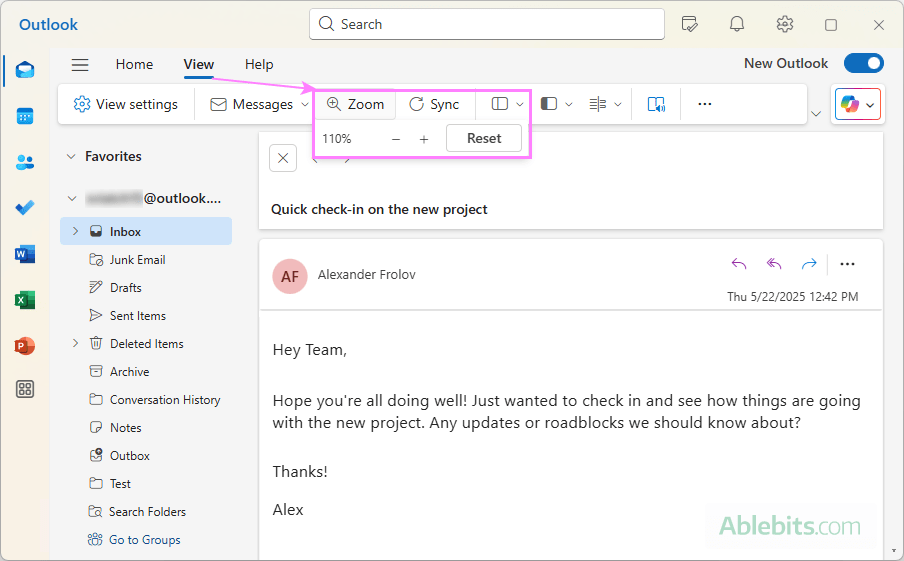 Adjust the font size for reading messages in the new Outlook.
