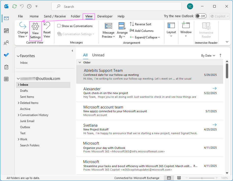 View settings in Outlook.