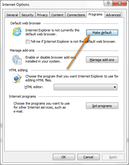 Set Internet Explorer as the default browser.