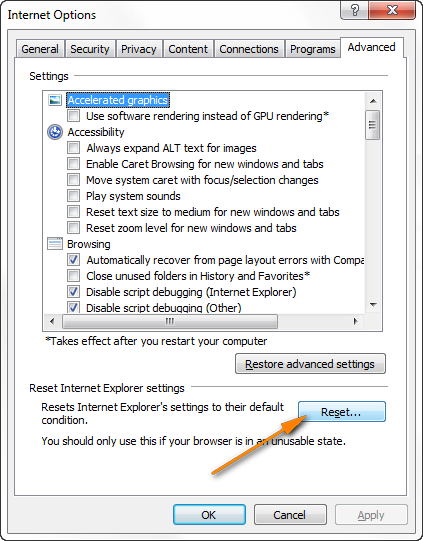 Switch to the Advanced tab of  Internet Options to reset Internet Explorer settings.