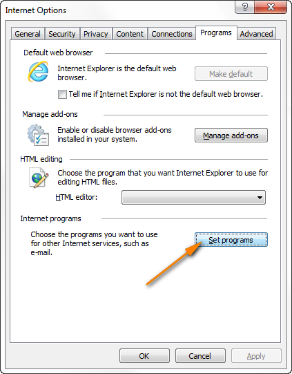 You can also set your default programs by using the Internet Explorer options.