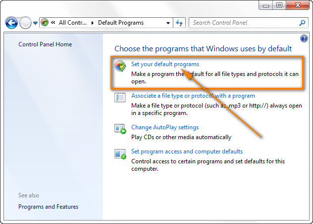 Go to Control Panel > Default Programs to set your default programs.