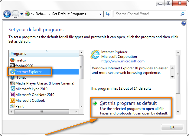 Set Internet Explorer as default program.