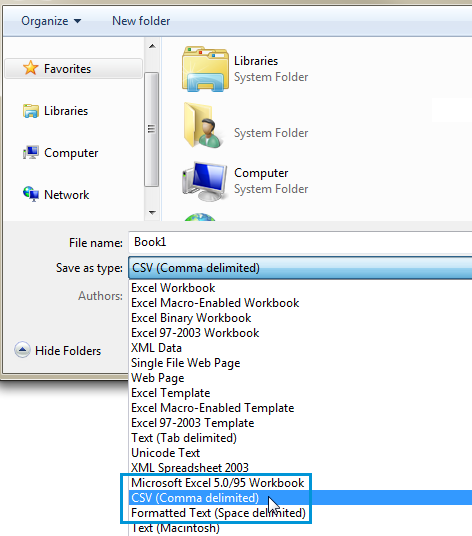 Choose the option CSV (Comma delimited) from the Save as type drop-down list