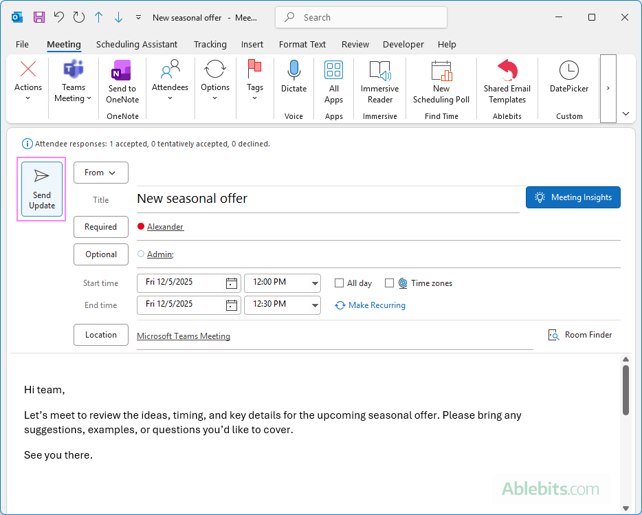 Add or remove participants from an existing Outlook meeting.