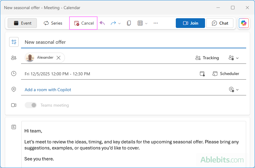 Cancel a meeting in Outlook.