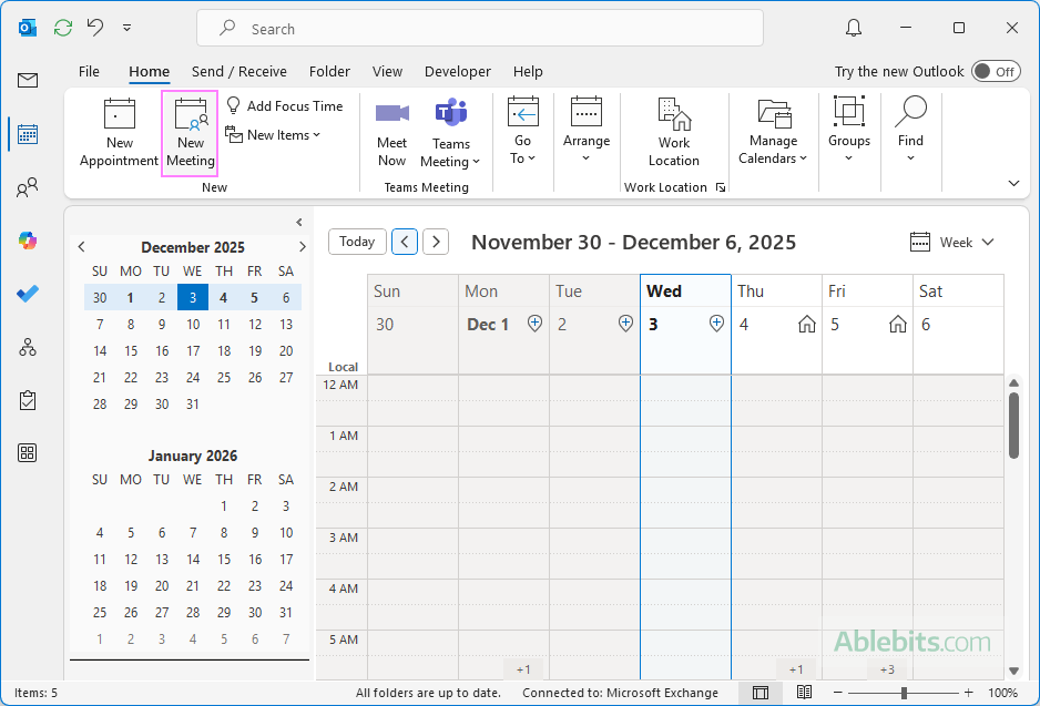 Create a new meeting in Outlook.