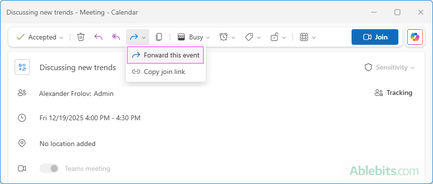 Forward a meeting invite in Outlook.