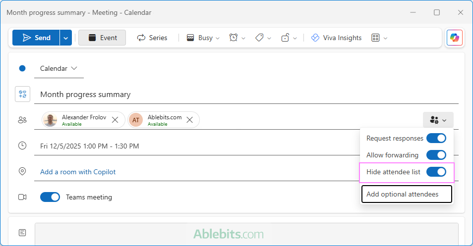 Hide attendees in an Outlook invite.