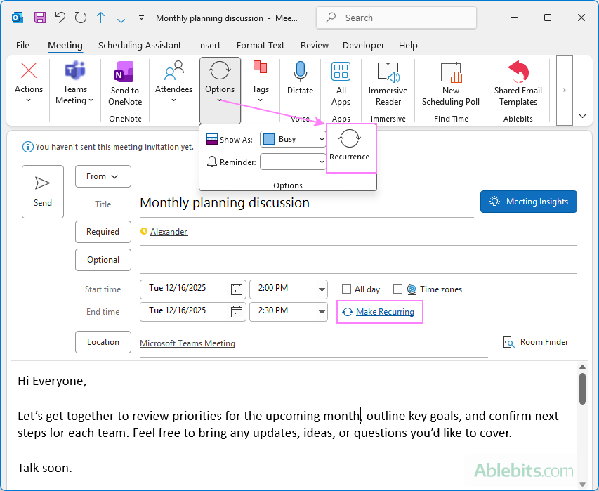 Set up a recurring meeting in Outlook 365.