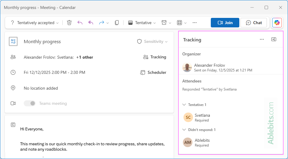 See who accepted and who declined the meeting in Outlook.