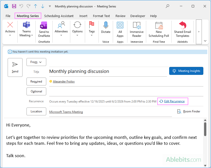 Send an invite for a recurring meeting.