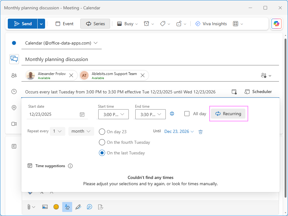 Schedule recurring calendar event in the new Outlook.