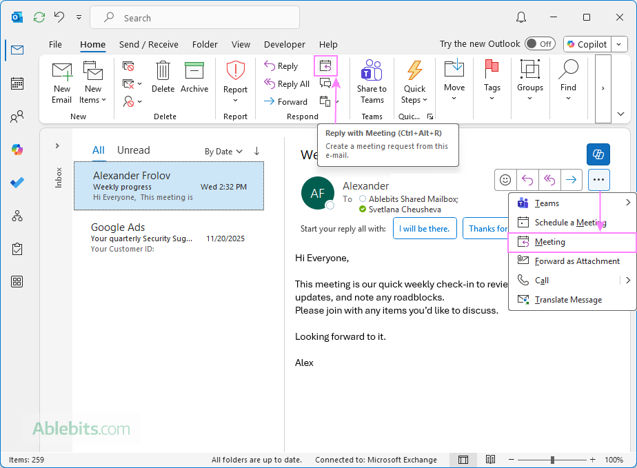 Reply with a meeting invite in Outlook.
