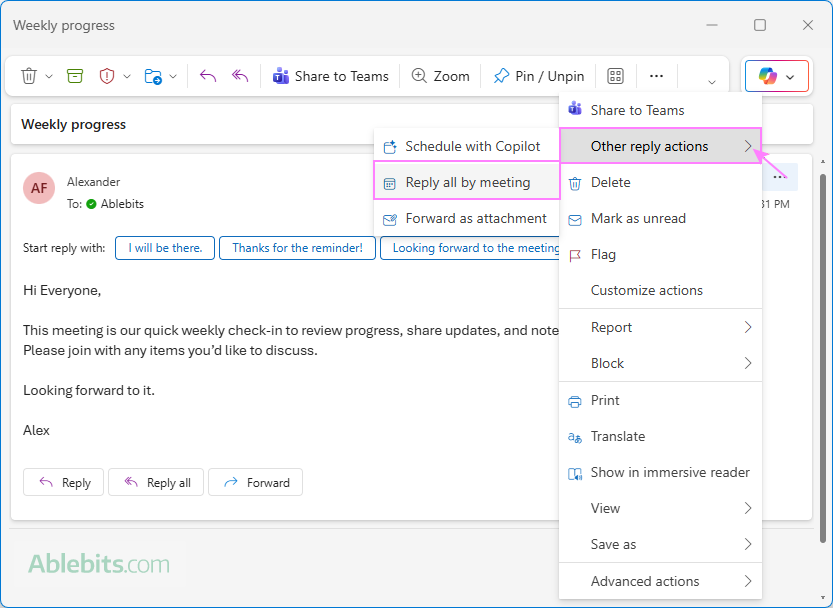 Reply with meeting in the new Outlook.
