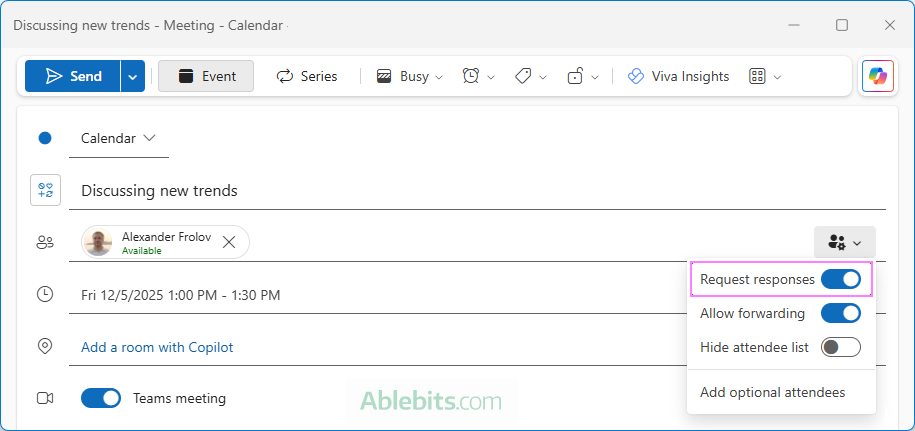 Request a response to a calendar event in the new Outlook.
