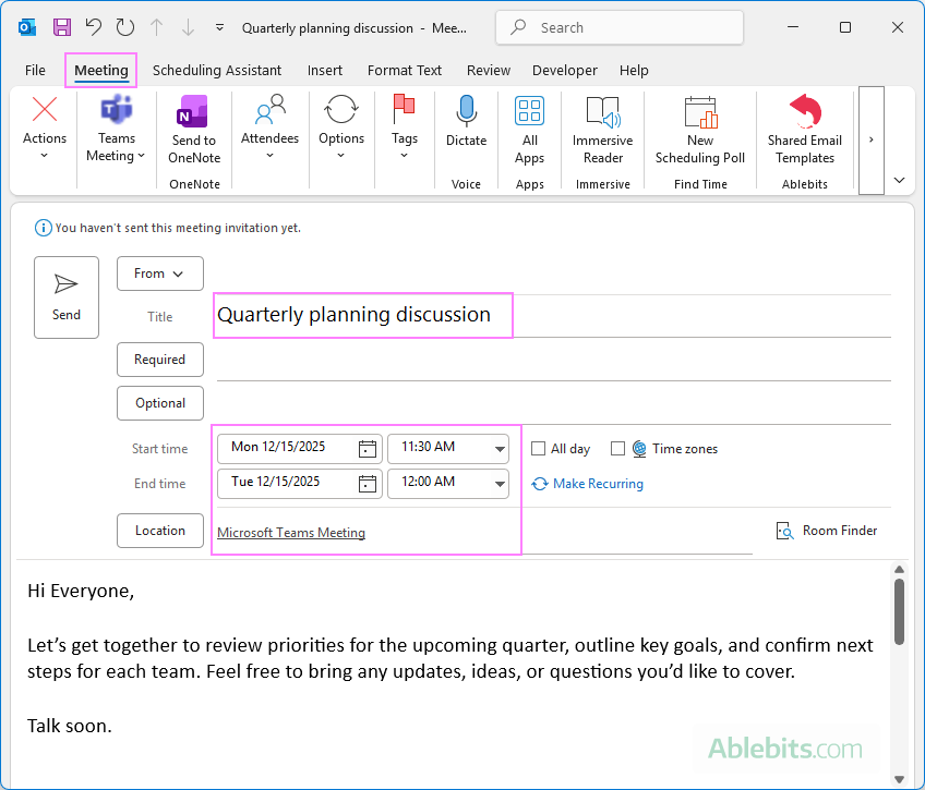 Schedule the meeting and add details.