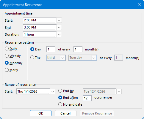Schedule a recurring meeting in Outlook.