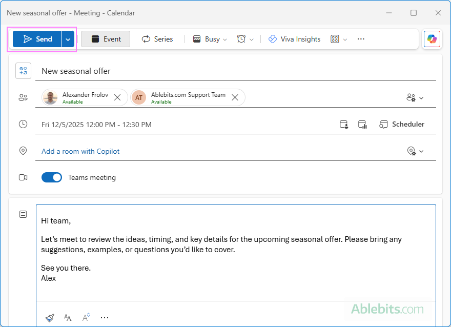 Send a calendar invite in Outlook.